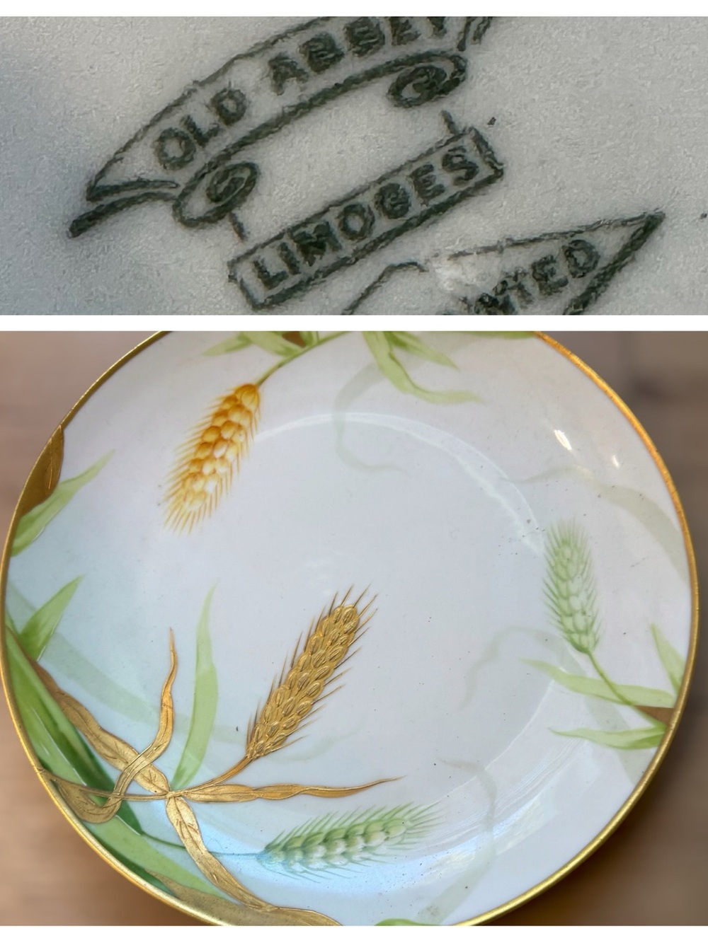 🌾Antique Early 1900’s Limoges Old Abbey Green White Wheat Gold Porcelain Plate